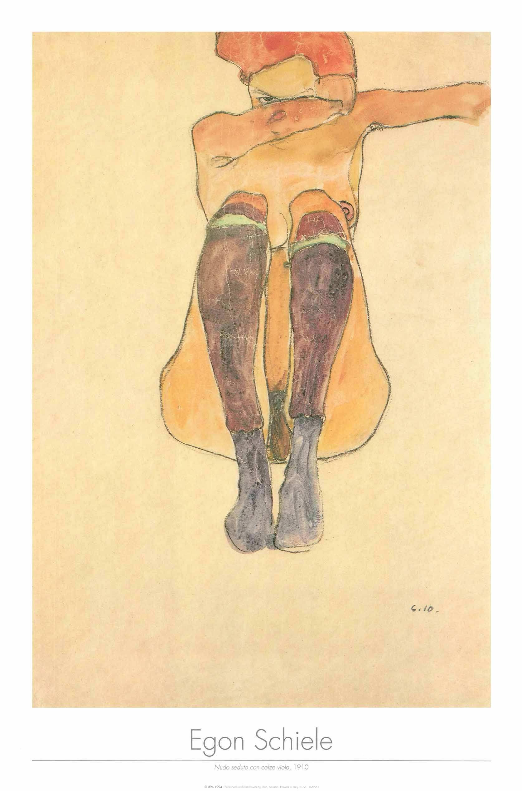 Nude Sitting with Purple Stockings,1910 by Egon Schiele-24X36