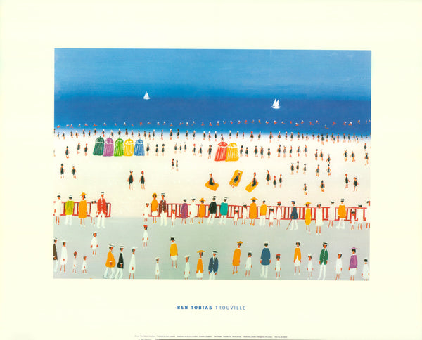 Illustration of a crowded beach with people and colorful umbrellas under a blue sky.