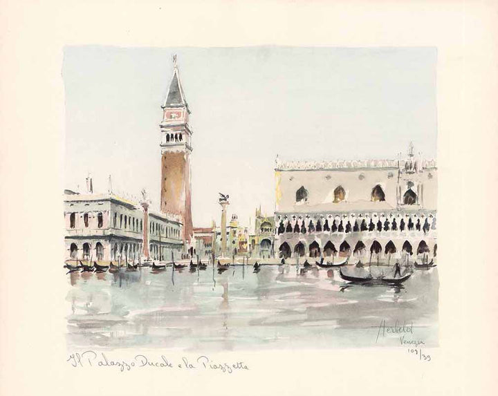 Il Palazzo Ducale e la Piazetta, 1950 by Franz Herbelot - 12 X 15 Inches (Handpainted Water Color Titled, Numbered & Signed) 39/108
