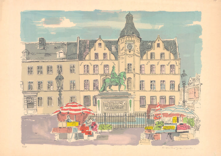 Marktplatz Rathaus and Denkmal, Dusseldorf by Carl Barth - 21 X 30 Inches (Lithography Numbered & Signed) 9/160