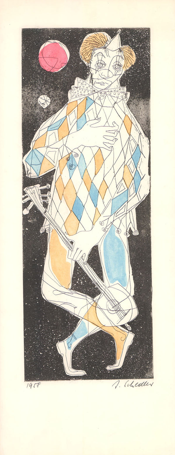 Clown I, 1958 by Jacques Schedler - 10 X 25 Inches (Original Etching, Numbered & Signed)