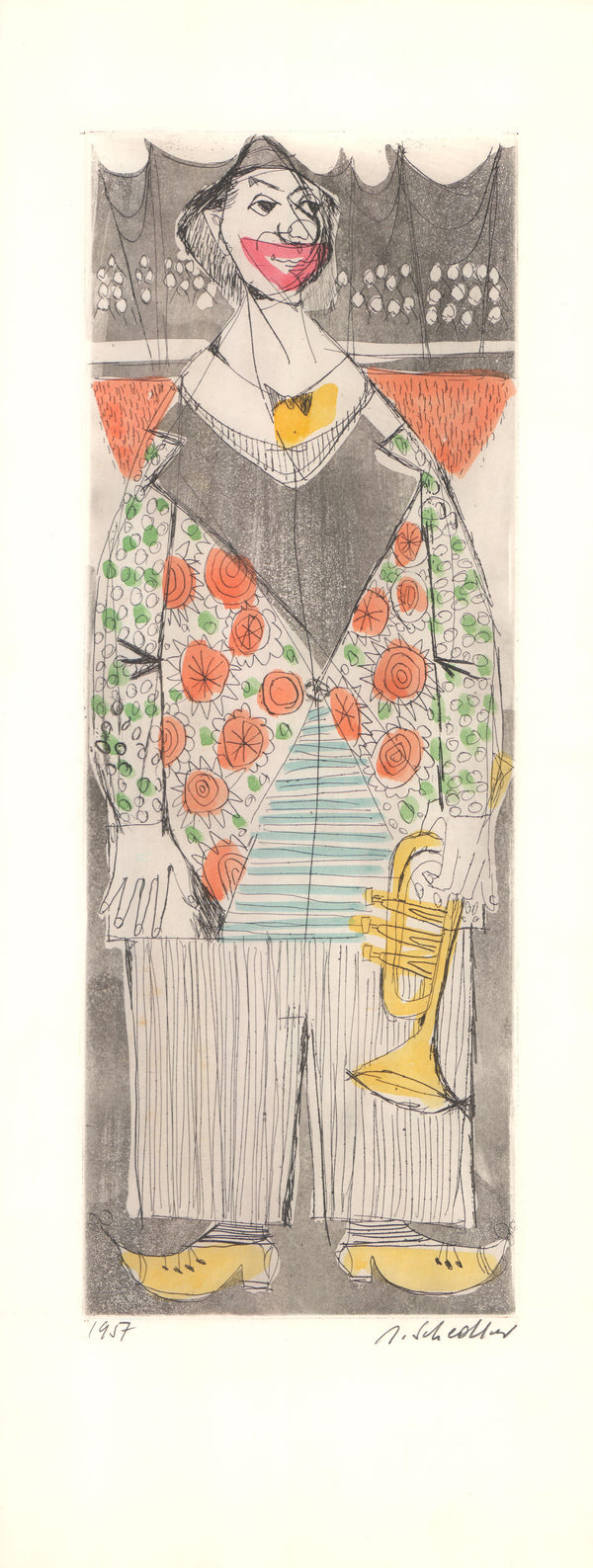 Clown II, 1957 by Jacques Schedler - 10 X 25 Inches (Original Etching, Numbered & Signed)