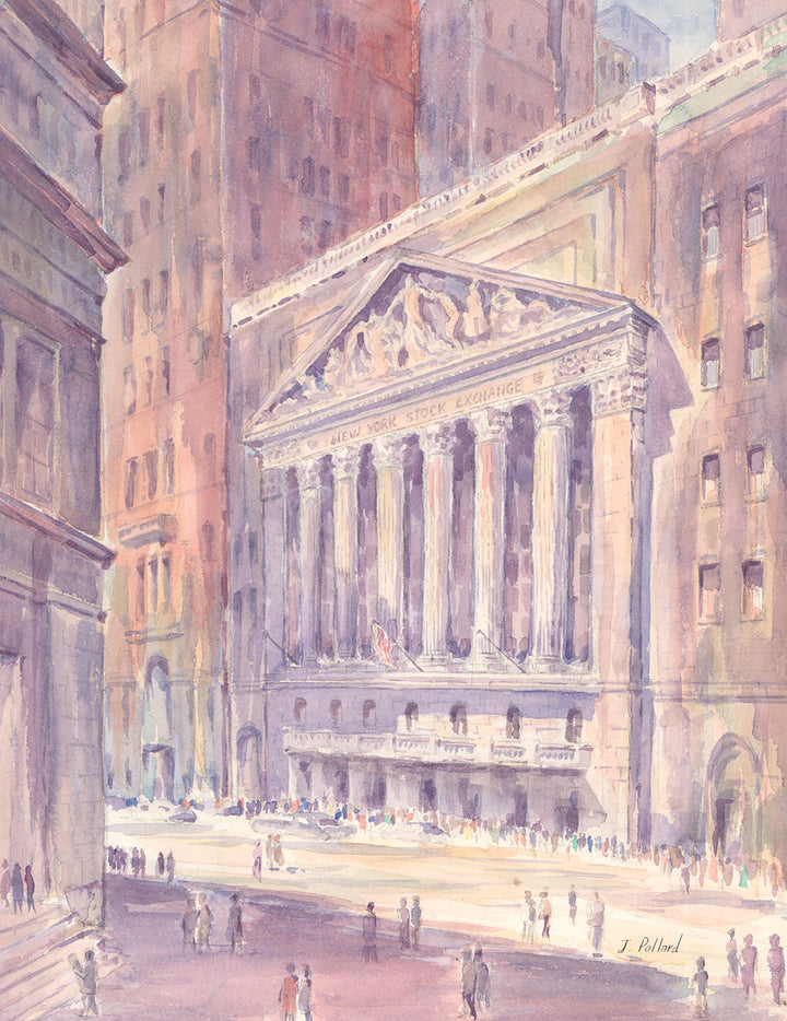 Stock Exchange NYC by J. Pollard - 15 X 19 Inches (Lithograph Signed)