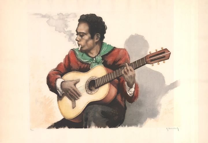 Le Guitariste by Roger Hebbelinck - 25 X 36 Inches (Etching, Numbered & Signed) 89/350