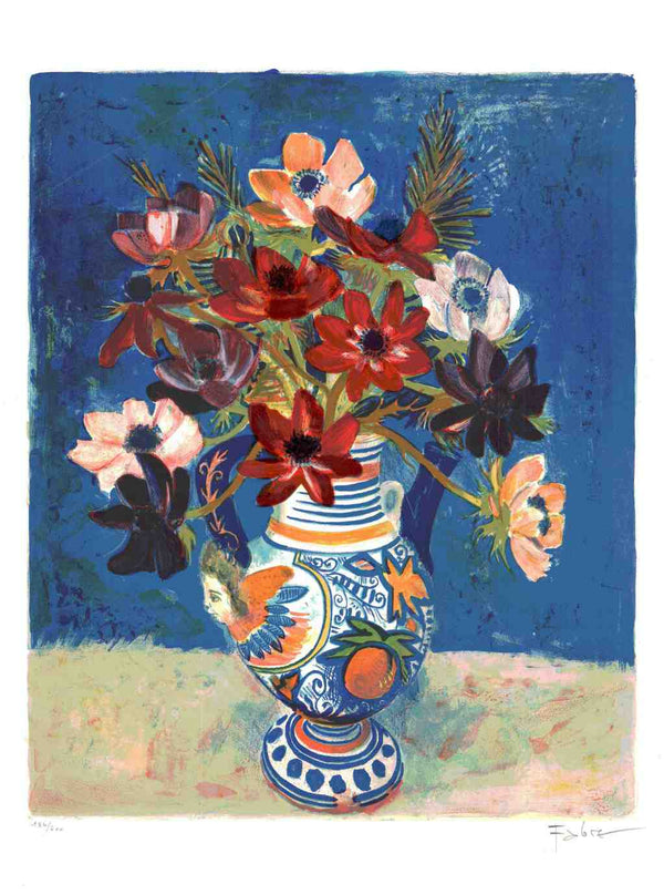 Anemones on Blue Background by Gilles Fabre - 20 X 26 Inches (Lithograph Numbered & Signed) 184/200