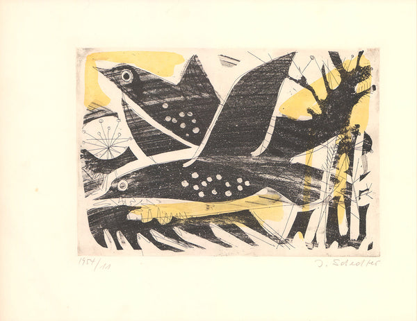 Oiseaux Noirs, 1954 by Jacques Schedler - 14 X 18 Inches (Original Etching, Numbered & Signed) 1954/11