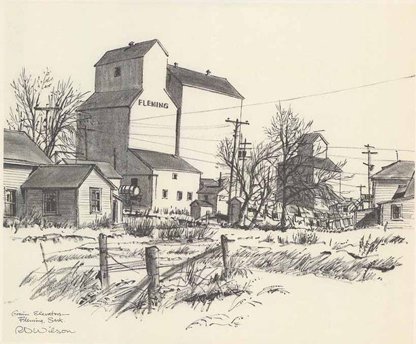 Grain Elevators Fleming - SasK. by R. D. Wilson - 10 X 12 inches (Gravure on Acuarela)