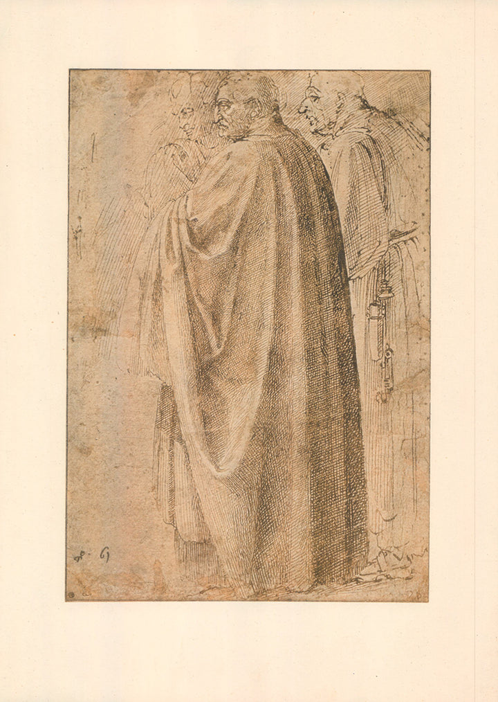 Three Standing Men in Wide Cloaks Turned to the Left by Michelangelo Buonarroti - 11 X 16 Inches (Offset Lithograph Fine Art Print)