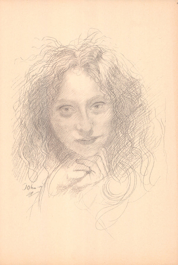 Drawing of a Girl by Augustus Edwin John - 12 X 17 Inches (Offset Lithograph Signed Fine Art Print)