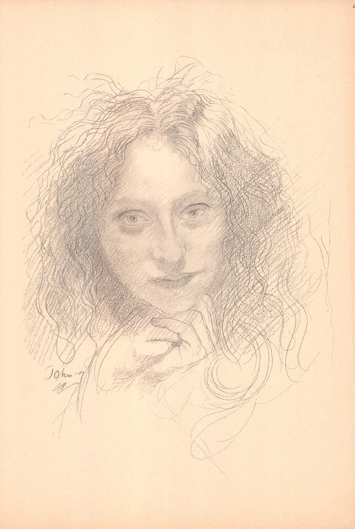 Drawing of a Girl by Augustus Edwin John - 12 X 17 Inches (Offset Lithograph Signed Fine Art Print)