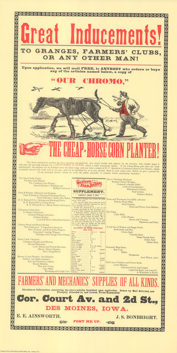 Great Inducements. The Cheap Horse Corn Planter - 15 X 21 Inches (Silkscreen)