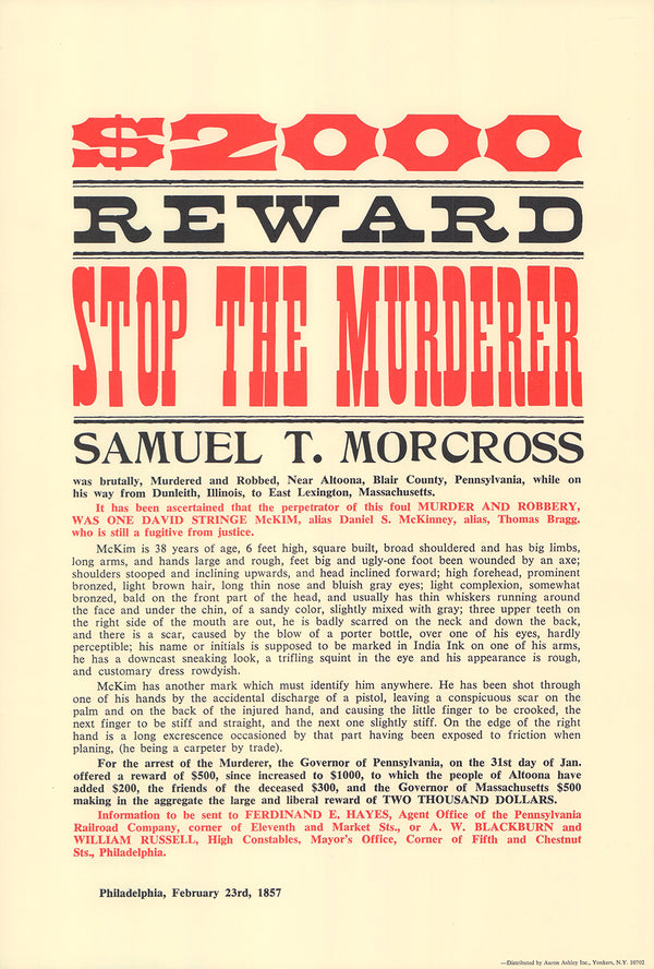 $2000 Reward Stop the Murdered Samuel T. Morcross - 12 X 23 Inches (Silkscreen)