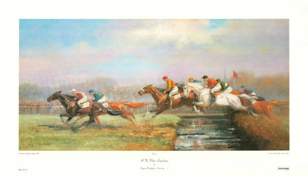 Painting of a horse race with jockeys on horses crossing a finish line.