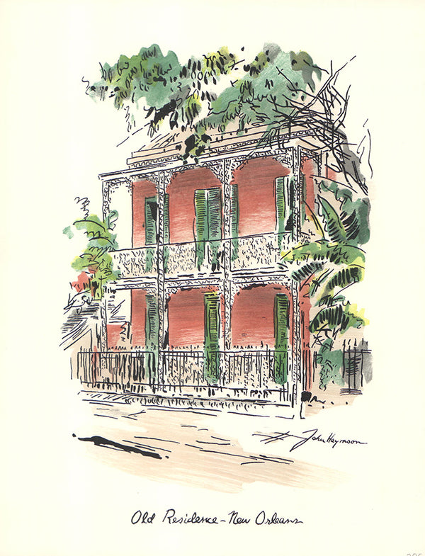 Old Residence, New Orleans John Haymson - 10 X 13 Inches (Hand Colored Watercolor)
