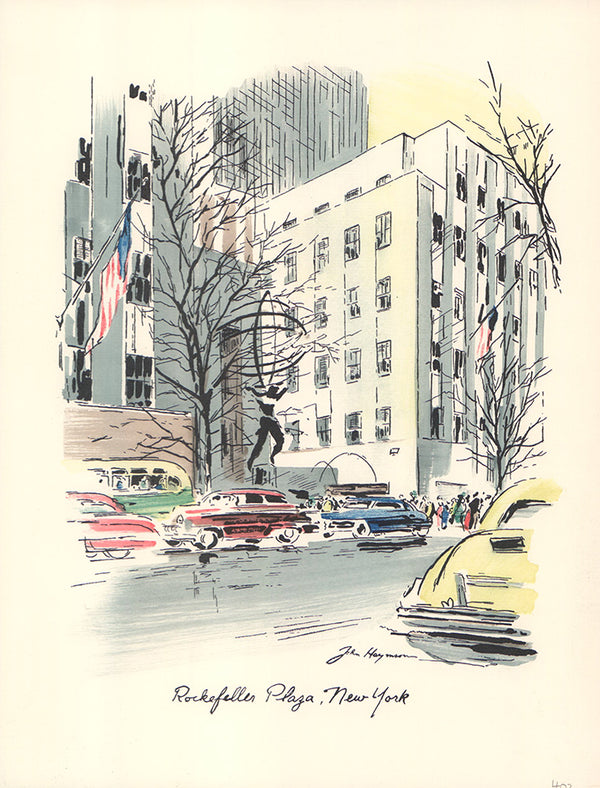 Rockefeller Plaza, New York by John Haymson - 10 X 13 Inches (Hand Colored Watercolor)