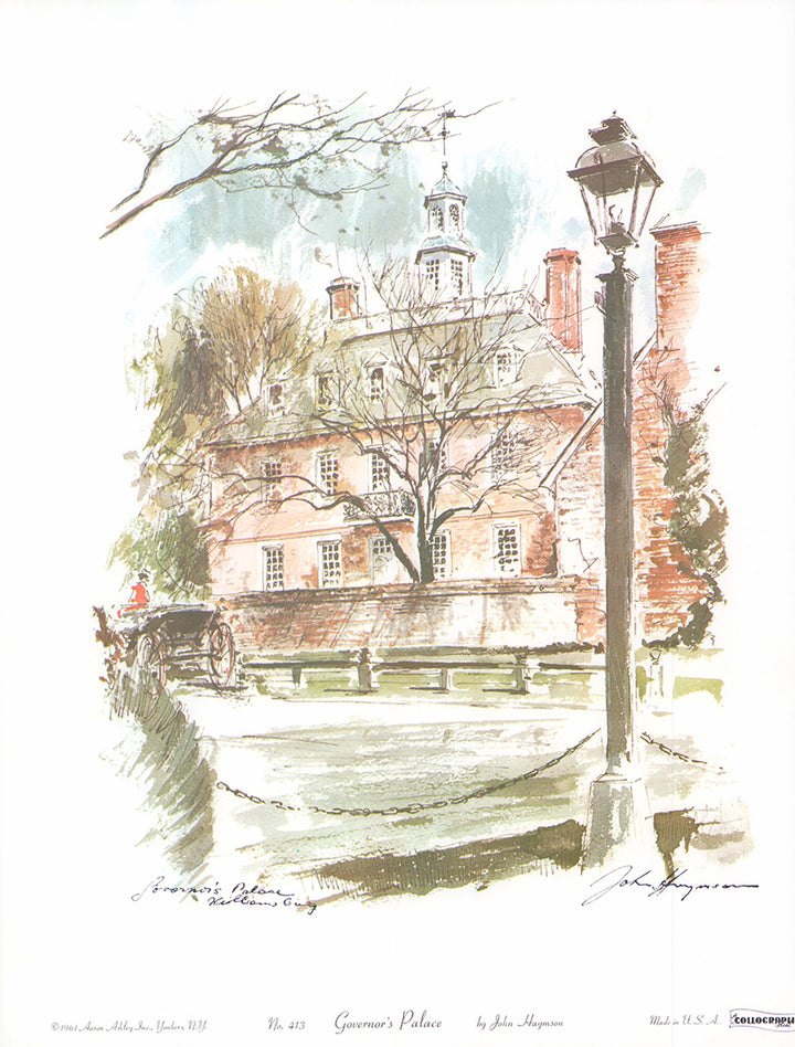 Governors Palace, Williamsburg by John Haymson - 12 X 15 Inches (Hand Colored Watercolor)