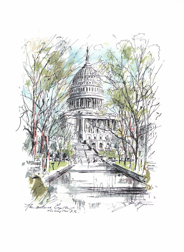 National Capitol Washington by John Haymson - 13 X 17 Inches (Hand Colored Watercolor)