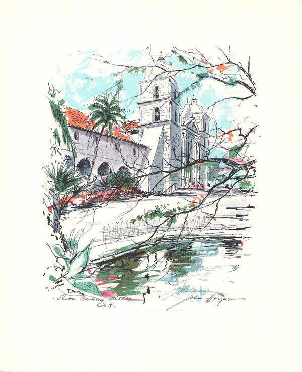 Santa Barbara Mission, Calif. by John Haymson - 14 X 18 Inches (Hand Colored Watercolor)