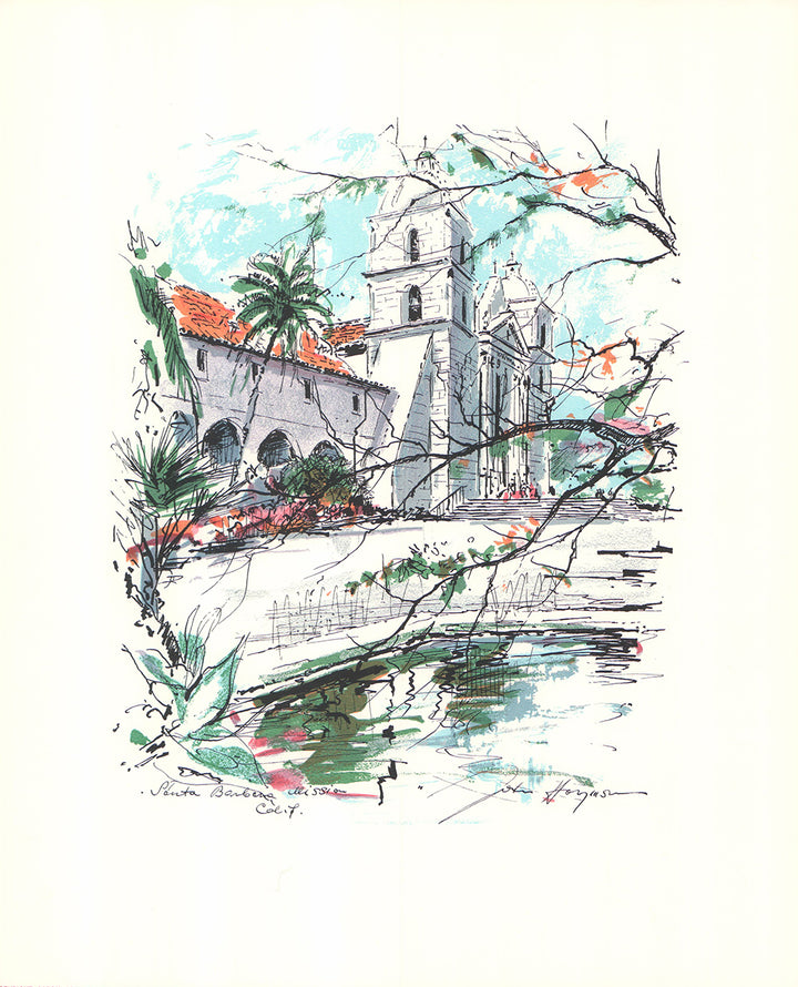 Santa Barbara Mission, Calif. by John Haymson - 14 X 18 Inches (Hand Colored Watercolor)