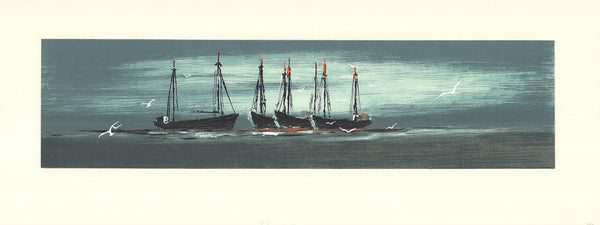 Fishing Boats by Lyman Hopkins - 10 X 26 Inches (Offset Lithograph Hand Colored)