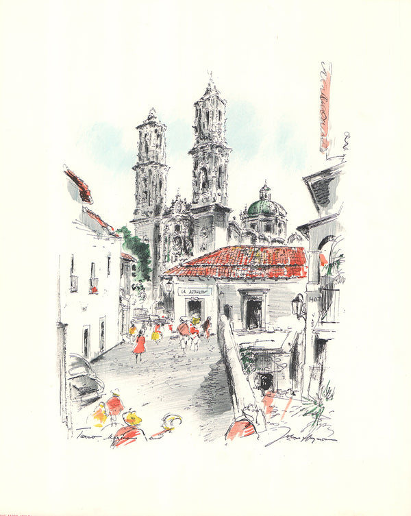 Taxco Cathedral, Mexico by John Haymson - 17 X 21 Inches (Hand Colored Art Print)