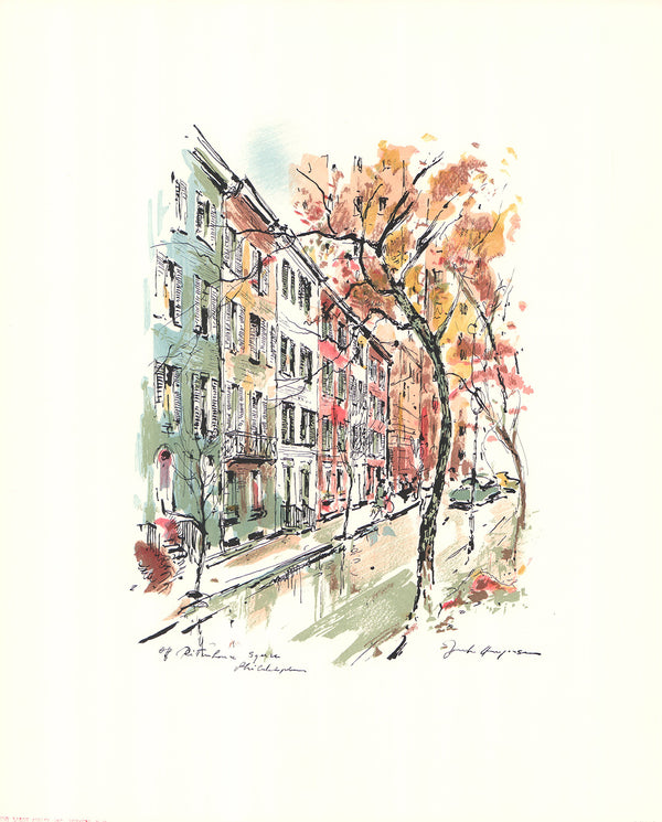 Off Rittenhouse Square, Philadelphia by John Haymson - 17 X 21 Inches (Hand Colored Art Print)
