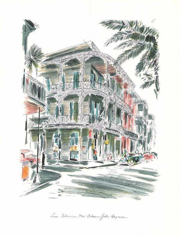 Lace Balconies, New Orleans by John Haymson - 20 X 26 Inches (Hand Colored Watercolor)