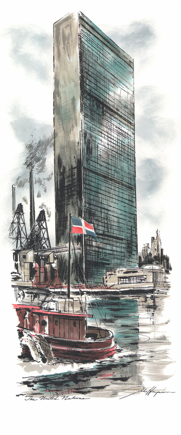 The United Nations, New York by John Haymson - 15 X 35 Inches (Hand Colored Watercolor)