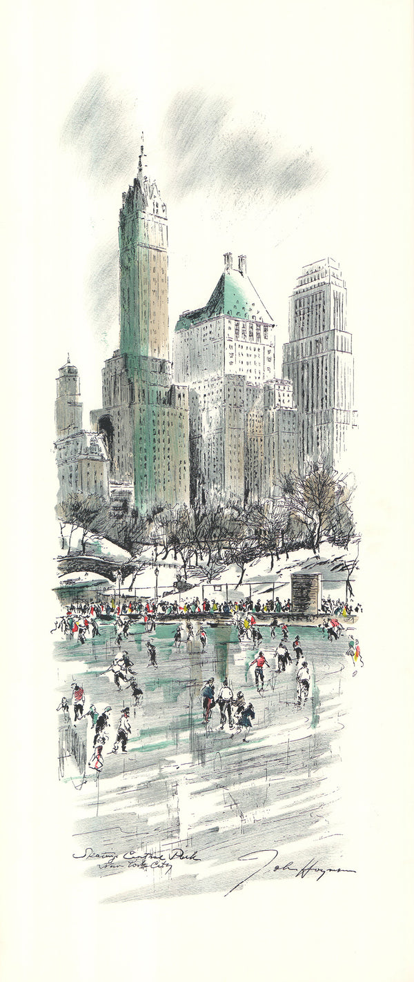 Central Park Skating by John Haymson - 15 X 35 Inches (Hand Colored Watercolor)
