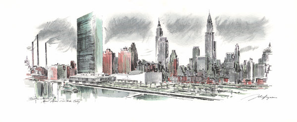 United Nations Skyline, New York by John Haymson - 15 X 35 Inches (Hand Colored Watercolor)