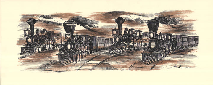 Old Locomotives by John Haymson - 15 X 35 Inches (Hand Colored Watercolor)