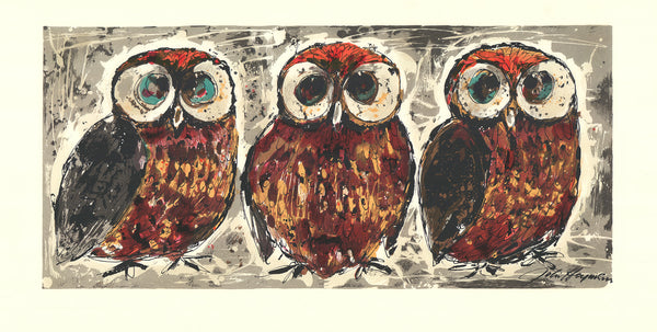 Three Owls by John Haymson - 18 X 34 Inches (Offset Lithograph Hand Colored)