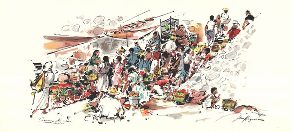 Cuernavaca Market, Mexico by John Haymson - 18 X 38 Inches (Hand Colored Watercolor)