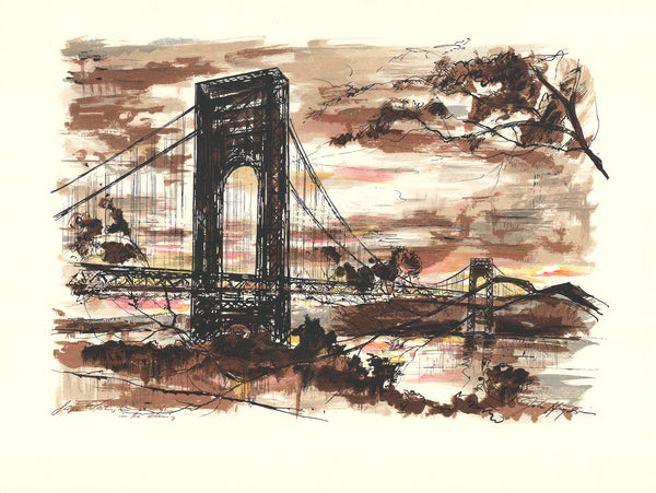George Washington Bridge at Night by John Haymson - 26 X 34 Inches (Offset Lithograph Hand Colored)