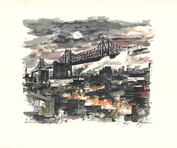 Queensboro Bridge, New York by John Haymson - 24 X 29 Inches (Offset Lithograph Hand Colored)