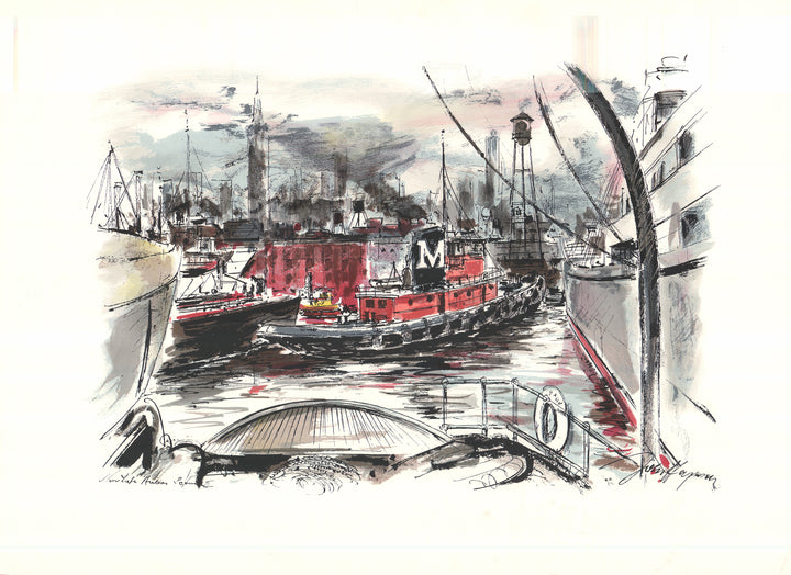 Tugs at Work, New York by John Haymson - 31 X 42 Inches (Hand Colored Watercolor)