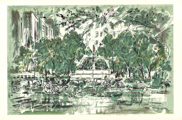 Plaza Fountain, New York by John Haymson - 28 X 42 Inches (Hand Colored Watercolor)