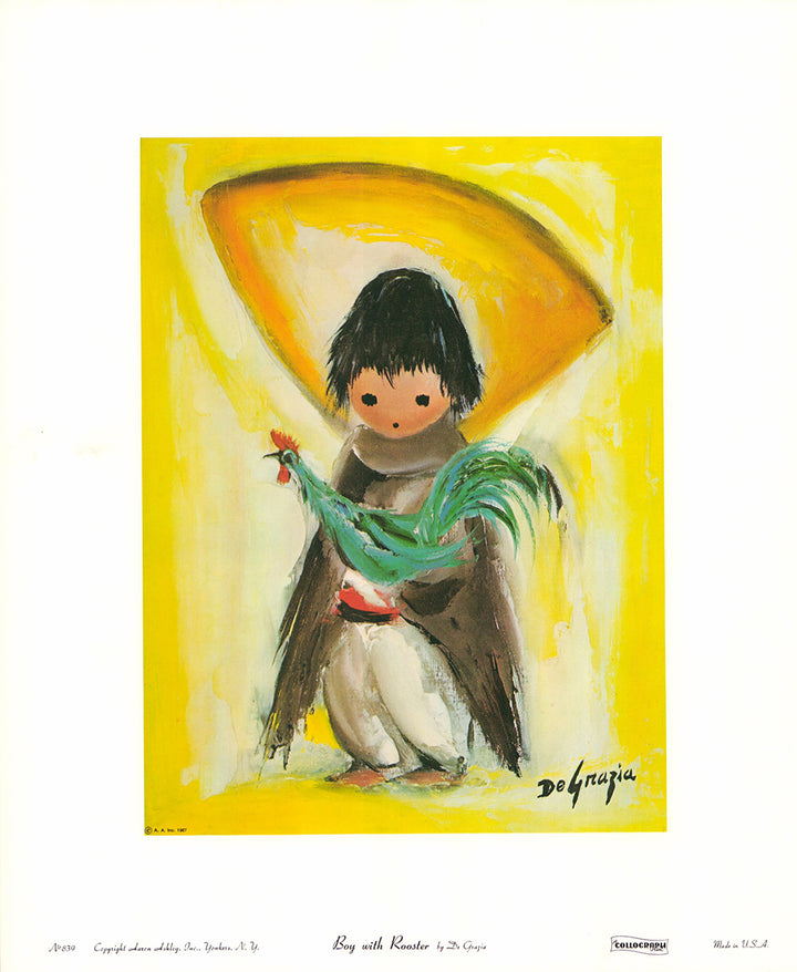 Boy with Rooster by De Grazia - 14 X 17 Inches (Art Print)