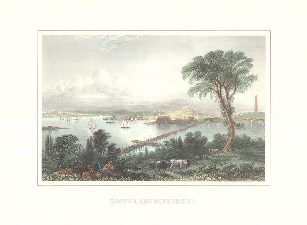 Boston Bunker Hill by William Henry Bartlett - 20 X 26 Inches (Hand Colored Watercolor)