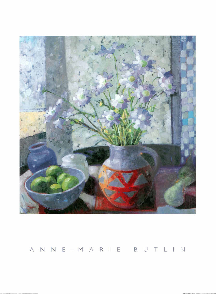 Still Life with Blue Flowers and Limes by Anne-Marie Butlin - 24 X 32 Inches (Art Print)