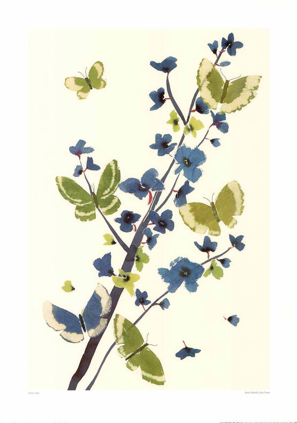 Green Butterfly, Blue Flower by Jenny Frean - 28 X 20 Inches (Art Print)