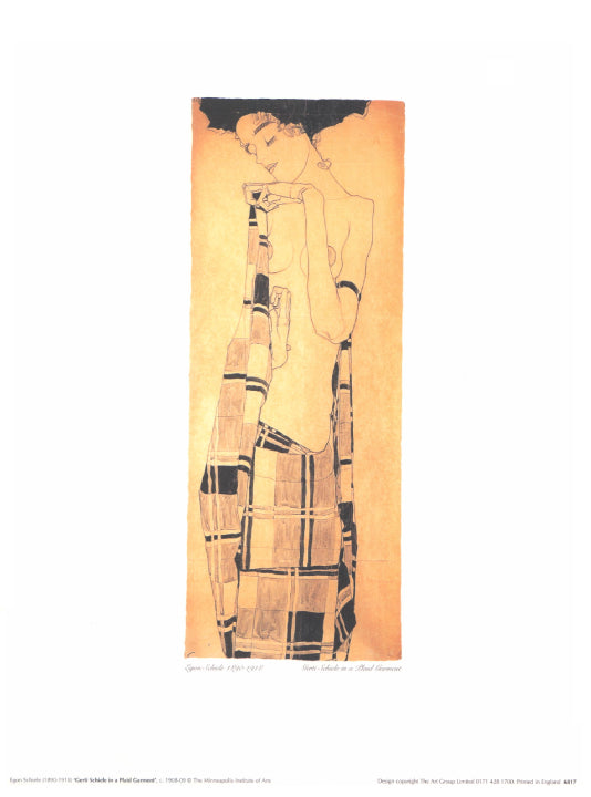 Gerti Schiele in a Plaid Garment by Egon Schiele - 12 X 15 Inches (Art Print).