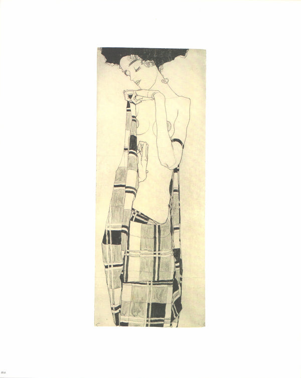 Gerti Schiele in a Plaid Garment by Egon Schiele - 10 X 12 Inches (Art Print)