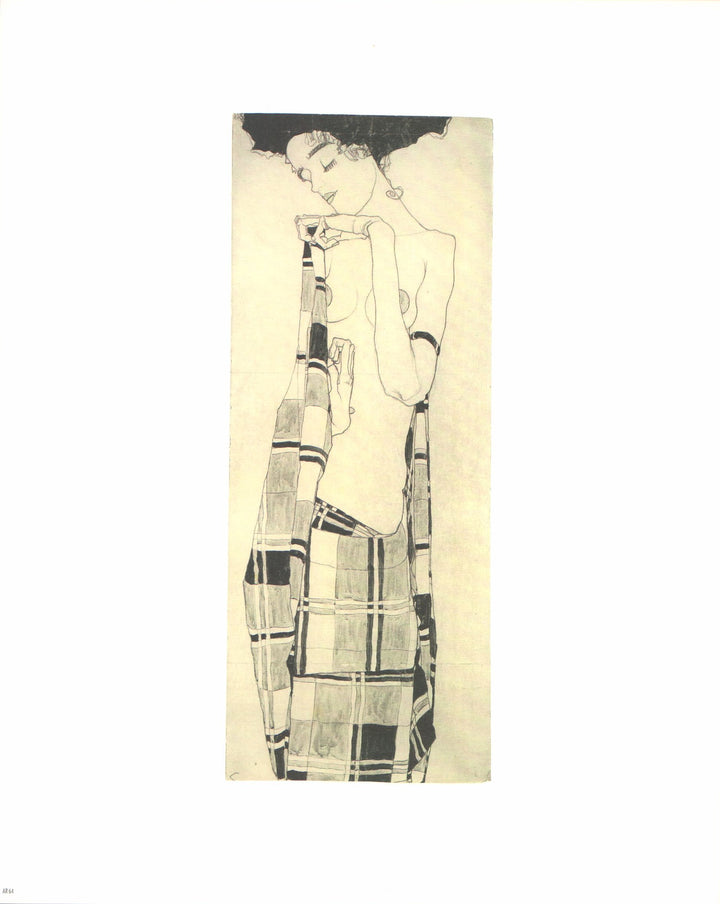 Gerti Schiele in a Plaid Garment by Egon Schiele - 10 X 12 Inches (Art Print)