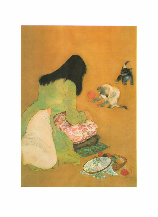 Brodeuse et ses Chats, 1981 by Nguyen Van Minh - 16 X 21 Inches (Art Print)
