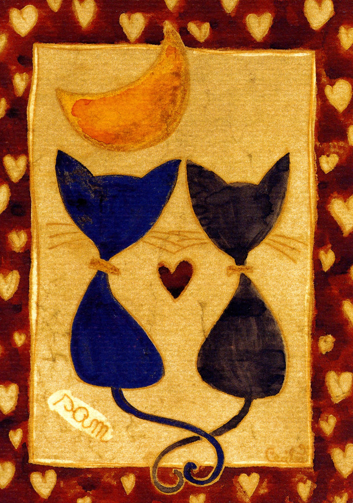 Two cats in love with a moon and heart on a textured background