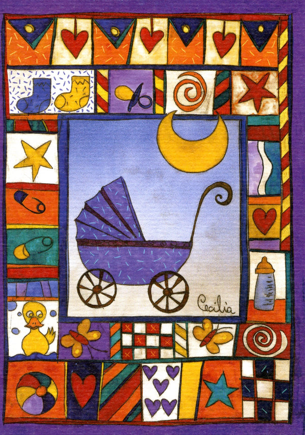 Colorful quilt with a baby carriage design and various symbols on a purple background