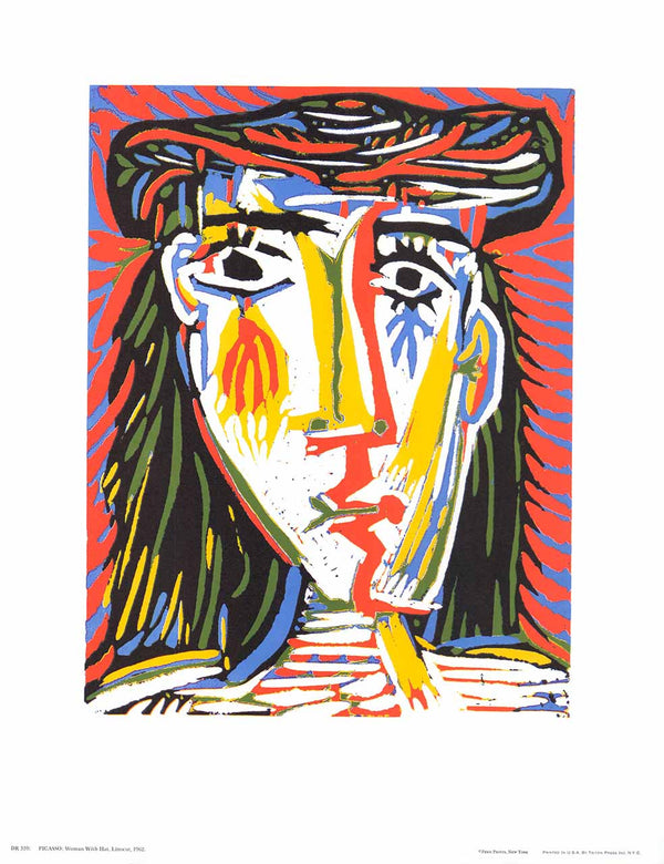 Woman with Hat. Linocut, 1962 by Pablo Picasso - 14 X 18 Inches (Offset Lithograph)