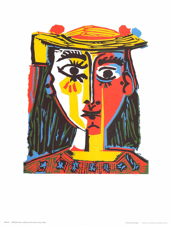 Bust of a Woman with a Hat. Linocut, 1962 by Pablo Picasso - 14 X 18 Inches (Offset Lithograph)