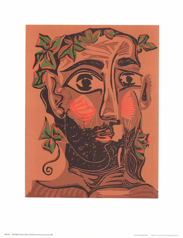 Bearded Man with Crown of Leaves. Linocut, 1962 by Pablo Picasso - 14 X 18 Inches (Offset Lithograph)